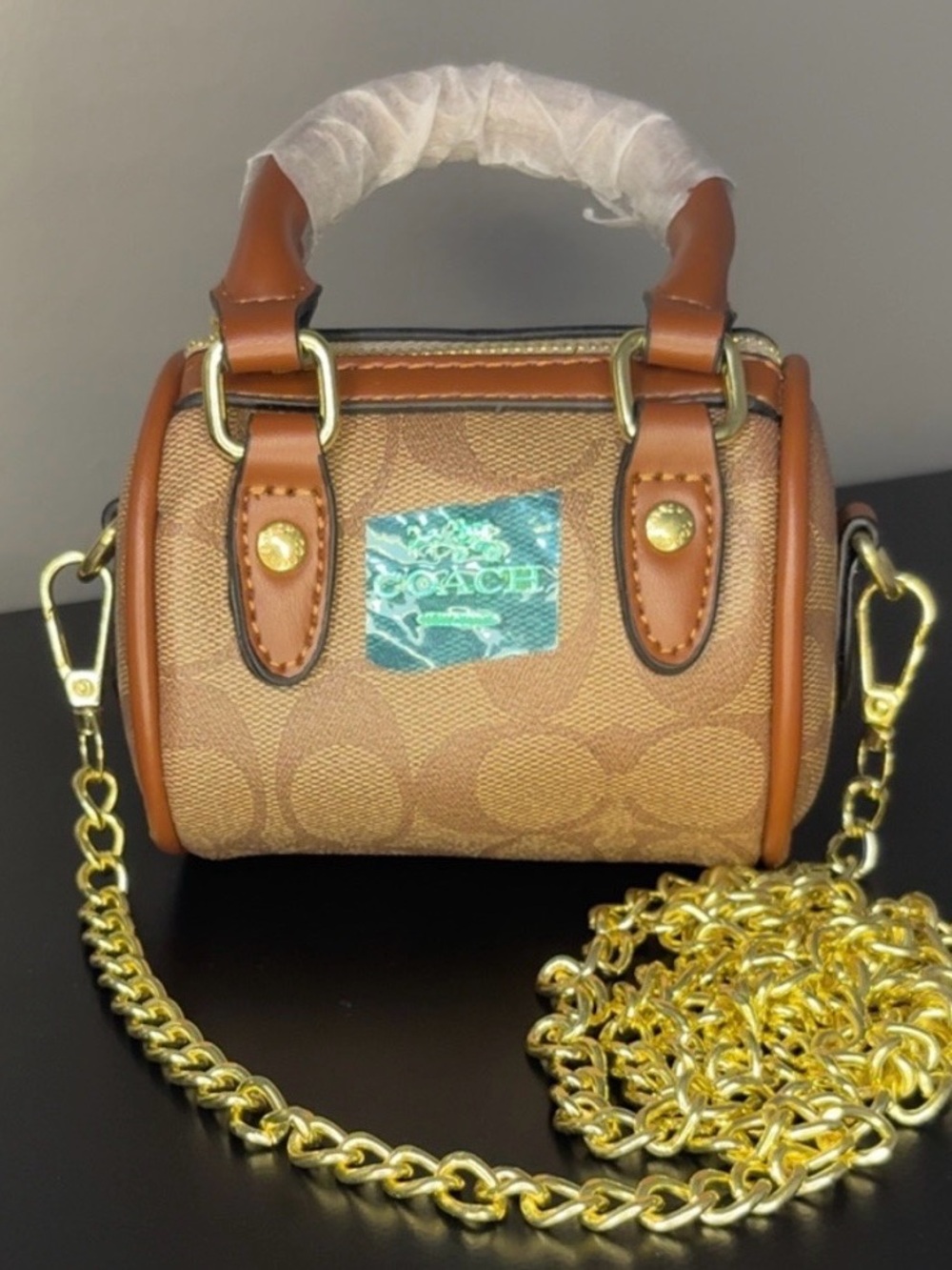 Coach Small Signature Barrel Bag in Brown with Gold Chain